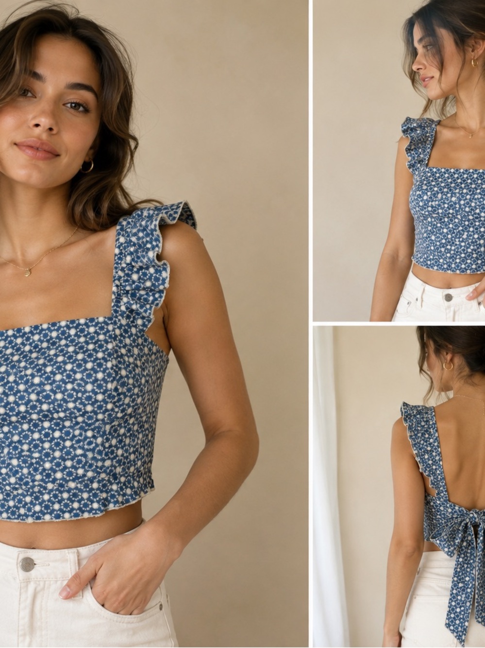 Blue Floral Ruffle Tie-Back Crop Top - Picture 1 of 6